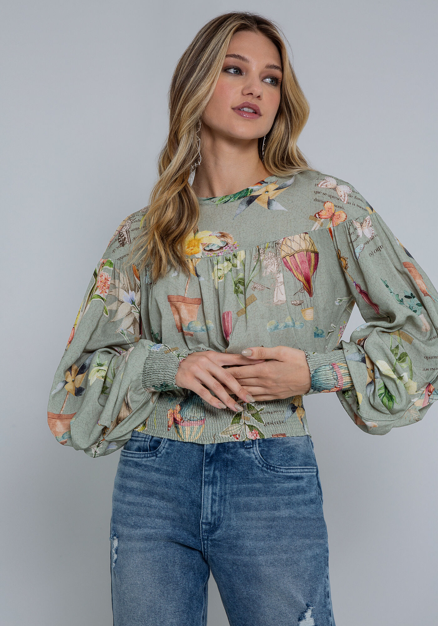 Blusa Manga Bufante em Viscose com Lastex, , large.