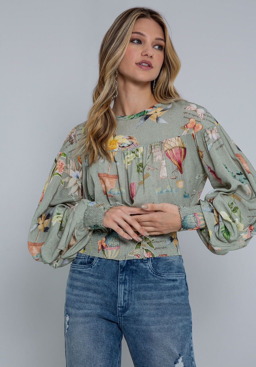 Blusa Manga Bufante em Viscose com Lastex, . Blusa Manga Bufante em Viscose com Lastex, , large.