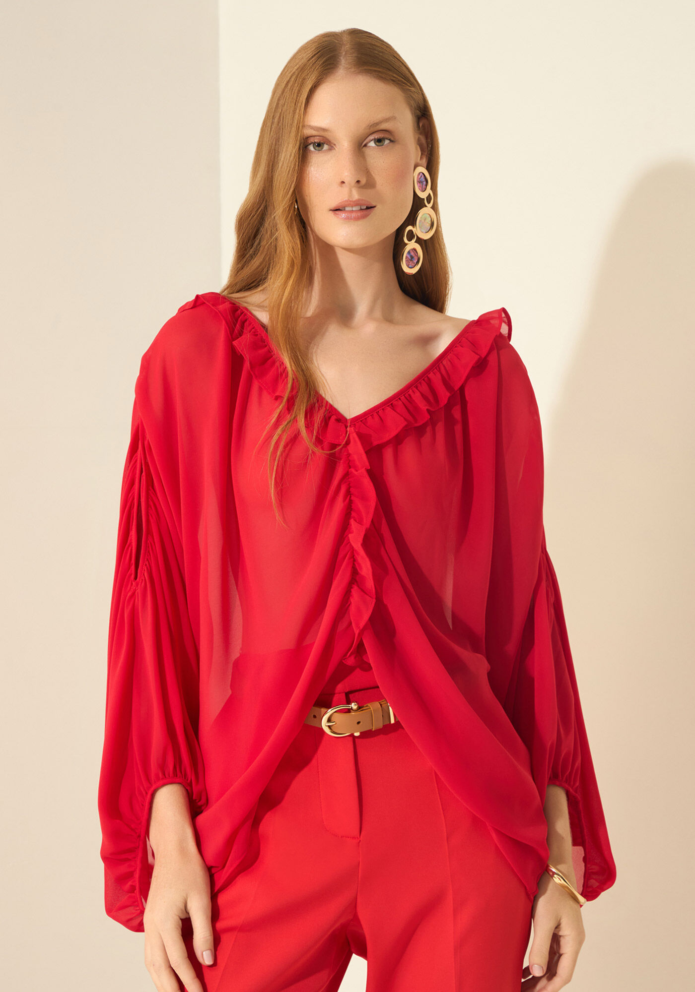 Blusa De Mangas Longas Com Babados E Transpar&ecirc;ncia, VERMELHO POWER, large.