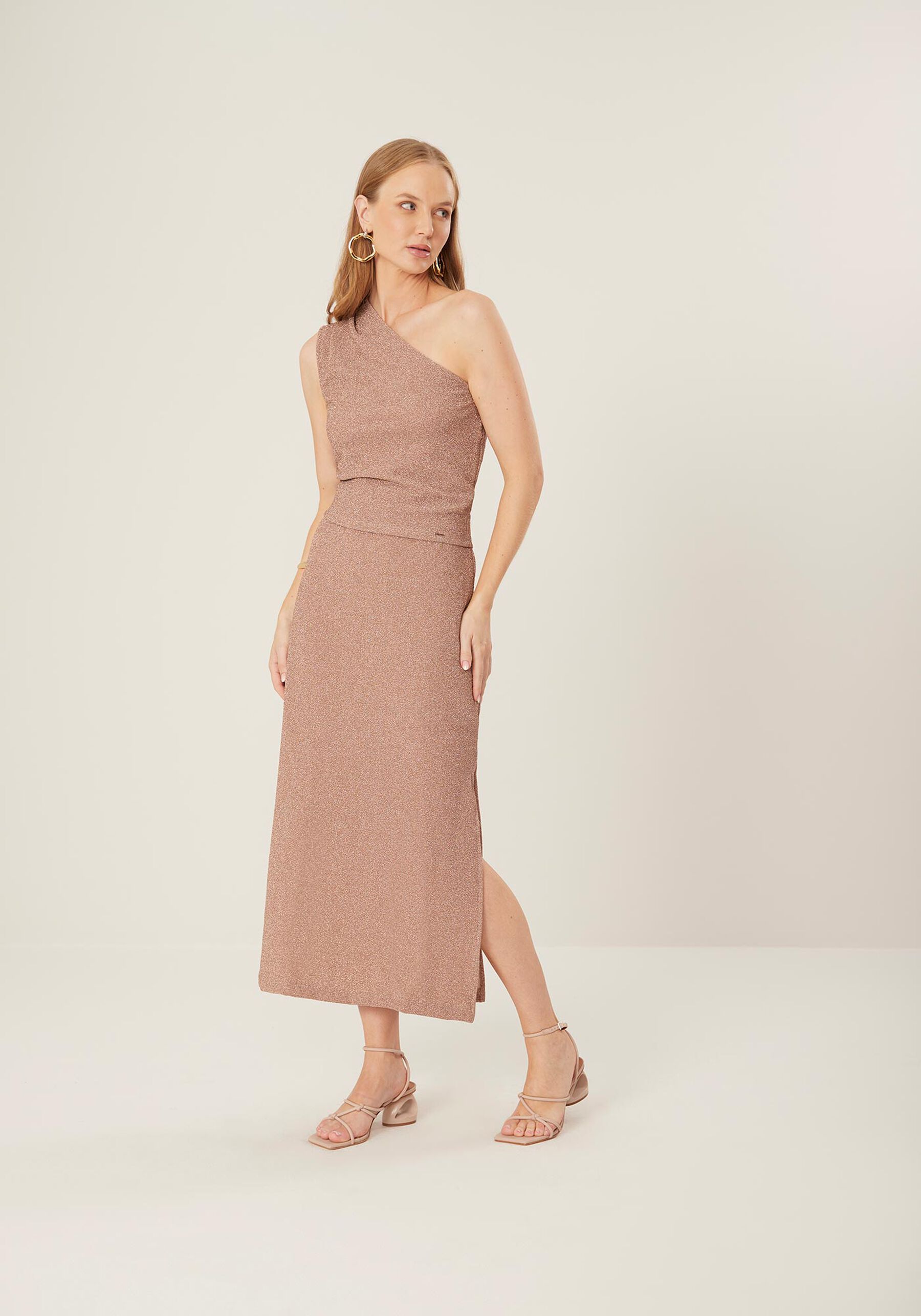 Saia Midi em Malha Crepe Shine com Fenda, ROSE. Saia Midi em Malha Crepe Shine com Fenda, ROSE, large.