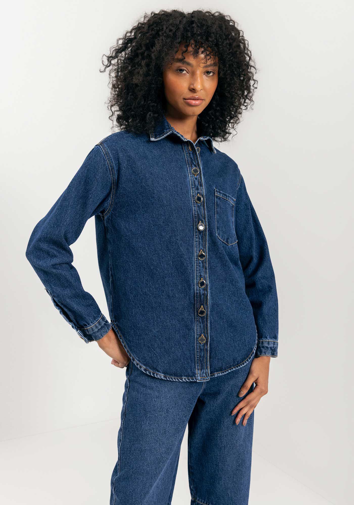 Camisa Jeans De Mangas Longas Com Bolso E Bot&otilde;es, JEANS, large.