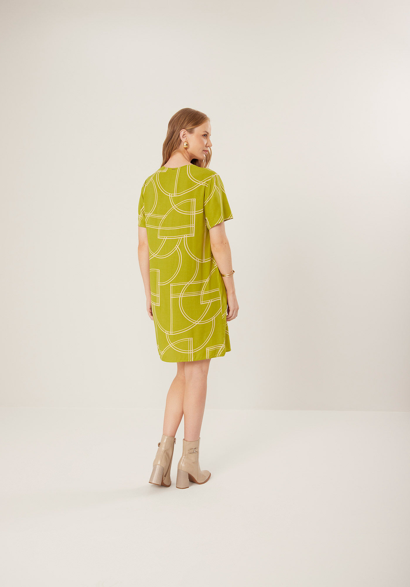 Vestido Curto Estampado De Mangas Com Decote Quadrado, , large.