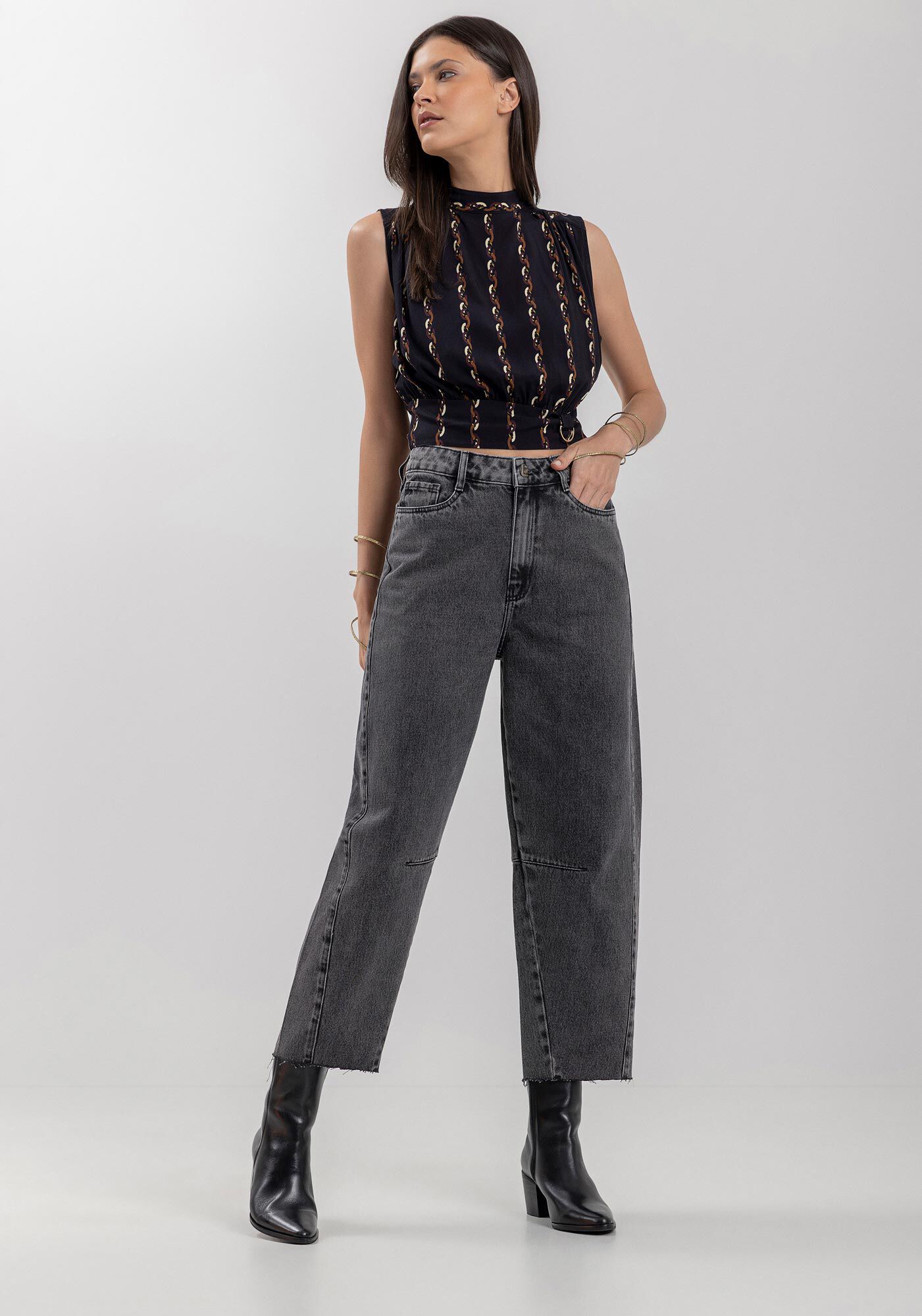 Cal&ccedil;a Jeans Barrel Cropped Com Cintura Alta E Passantes, , large.