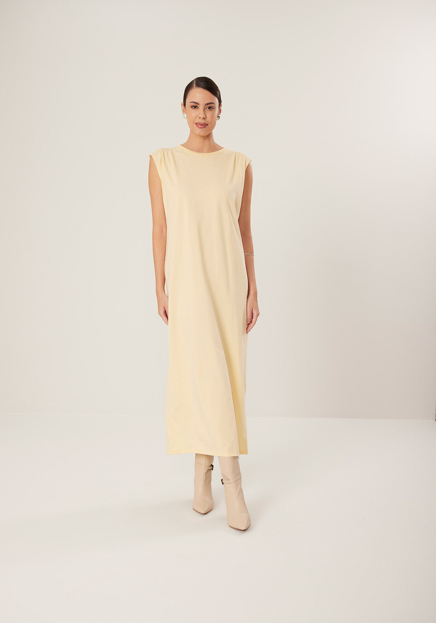 Vestido Midi Ch&aacute; Em Algod&atilde;o Com Drapeado Nos Ombros, , large.