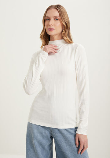 Blusa Básica De Manga Longa Em Malha Canelada, BRANCO OFF WHITE. Blusa Básica De Manga Longa Em Malha Canelada, BRANCO OFF WHITE, large.