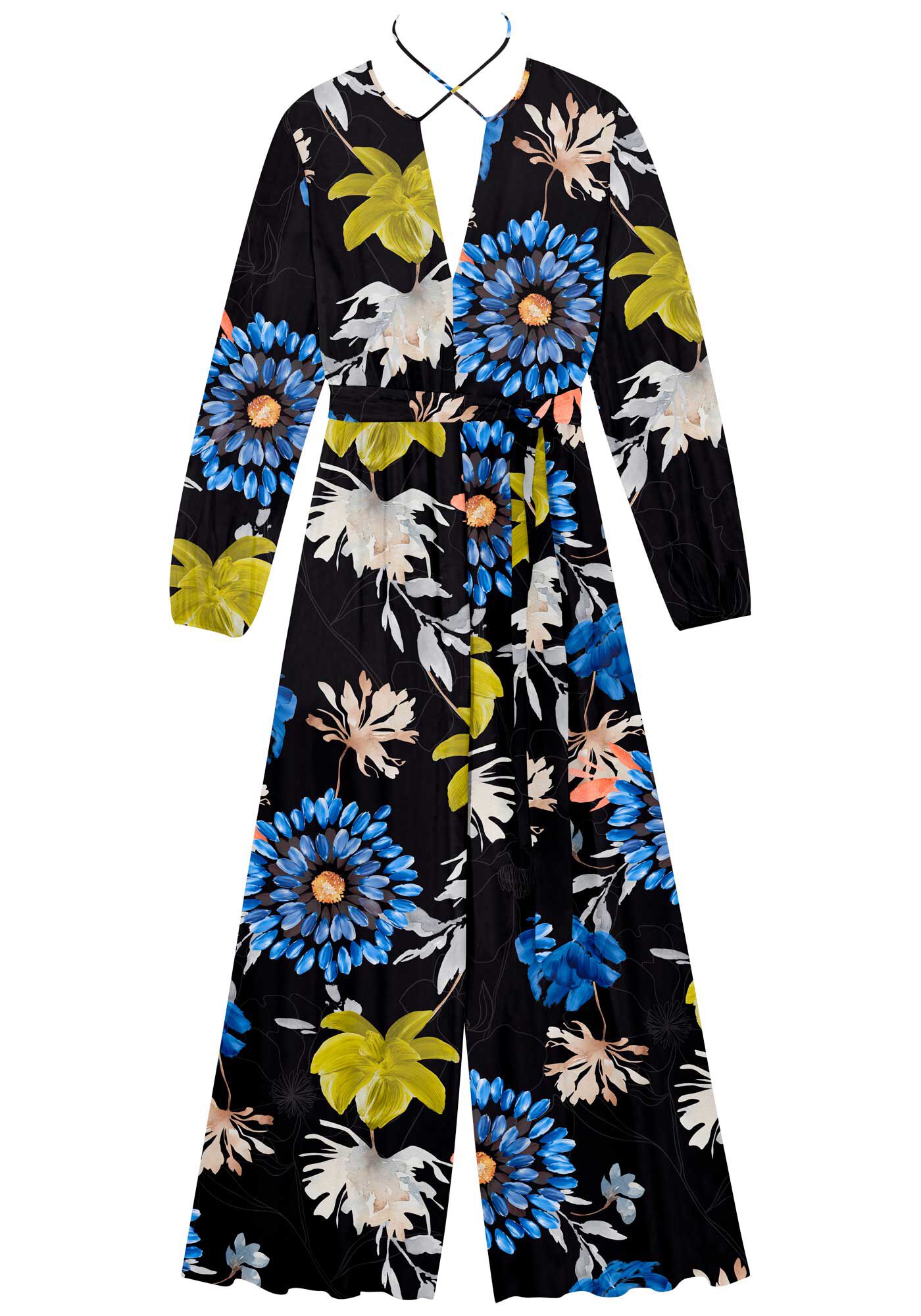 Vestido Longo Estampado Com Fenda E Amarra&ccedil;&atilde;o Na Gola, , large.