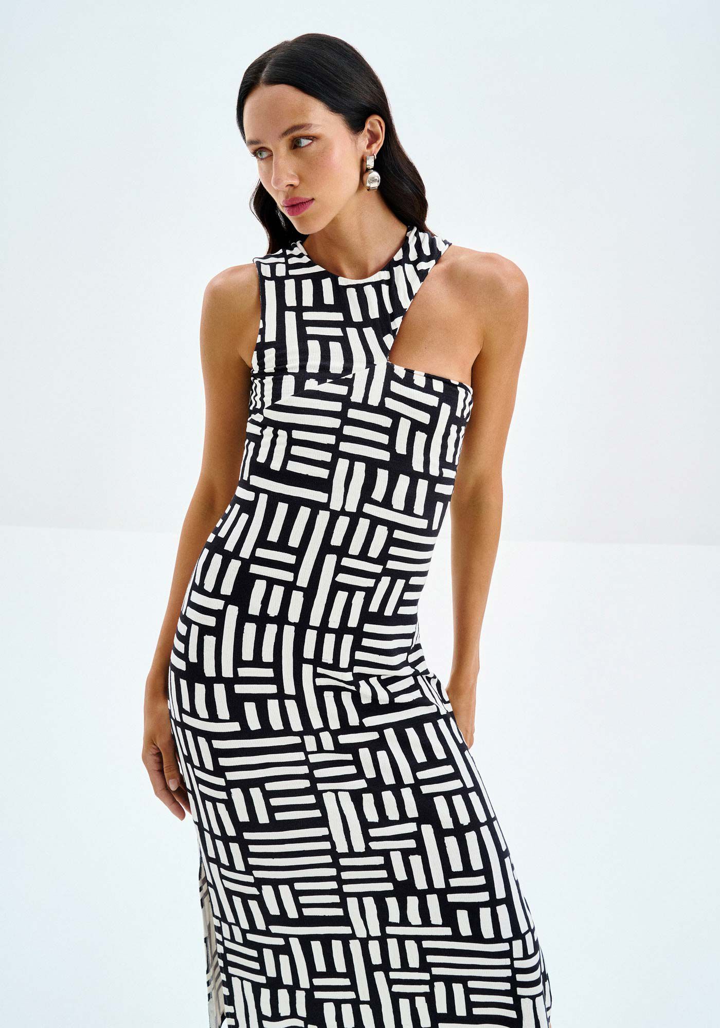 Vestido Midi Estampado com Decote Assim&eacute;trico, , large.