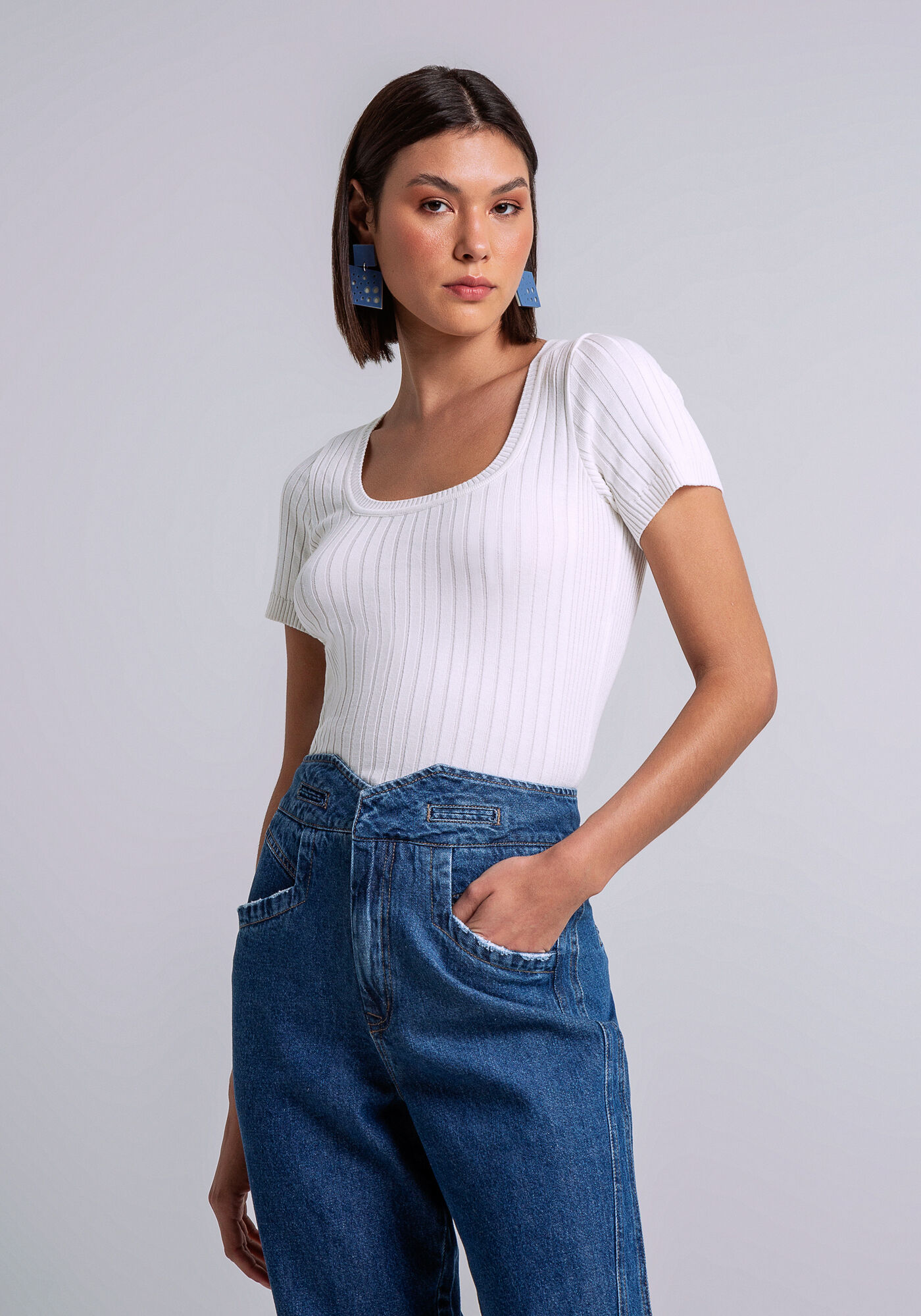 Blusa Manga Curta em Tric&ocirc;, , large.