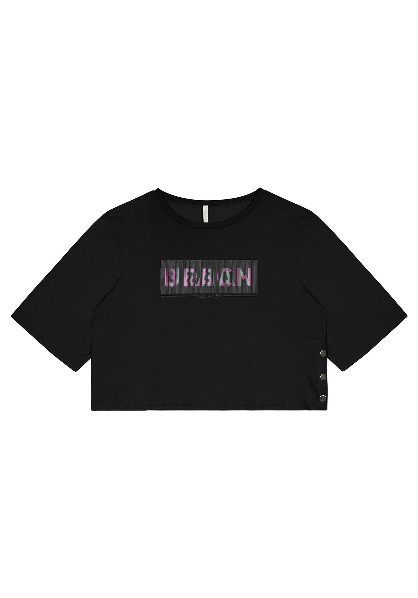 T-shirt Cropped em Malha com Bot&otilde;es Laterais, PRETO REATIVO, large.