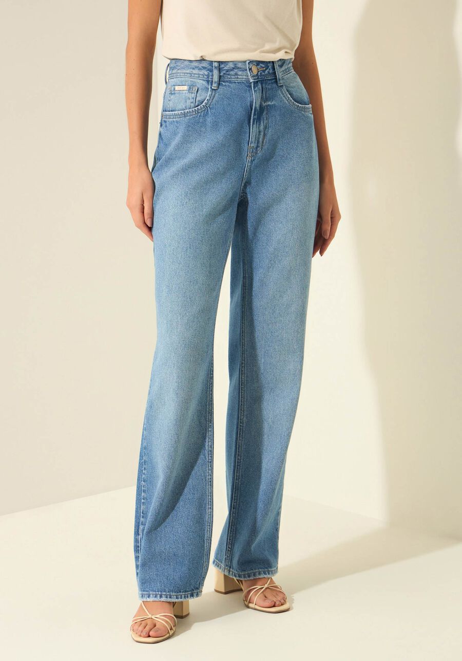 Calça Jeans Reta Com Cintura Alta E Bolsos, JEANS. Calça Jeans Reta Com Cintura Alta E Bolsos, JEANS, large.