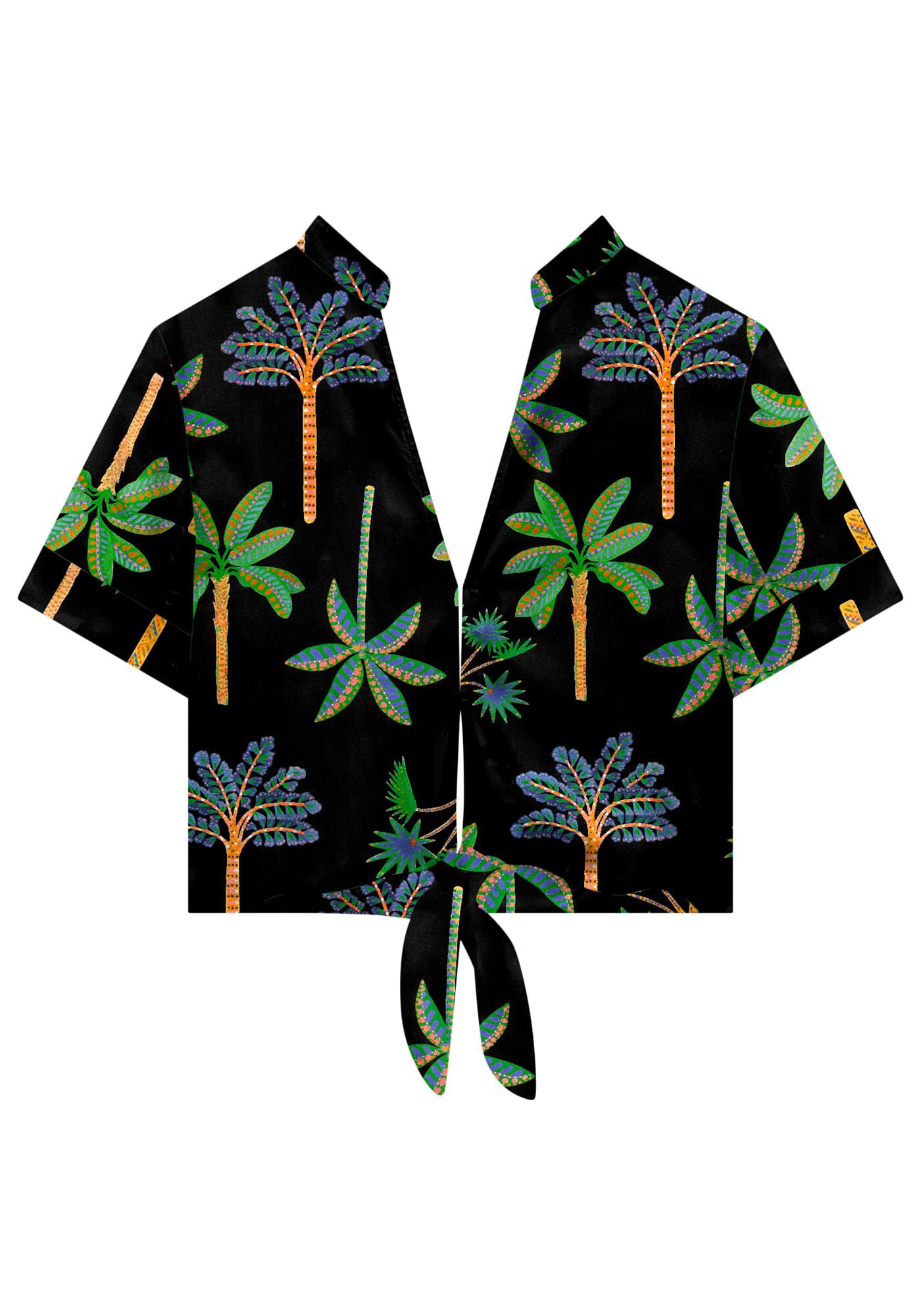 Camisa Cropped Gola Padre em Viscose com La&ccedil;o, , large.