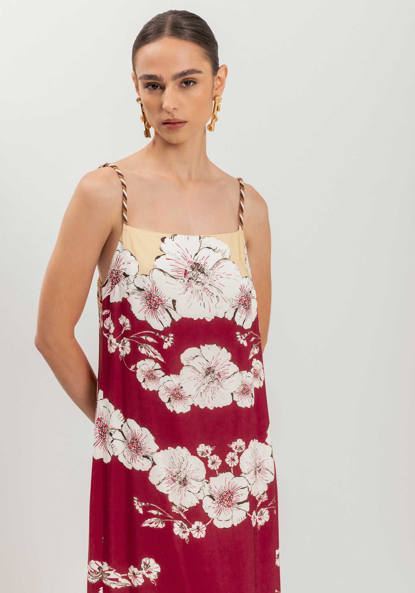 Vestido Estampado De Al&ccedil;as Com Fenda Lateral E Decote Reto, LILY VERMELHO, large.