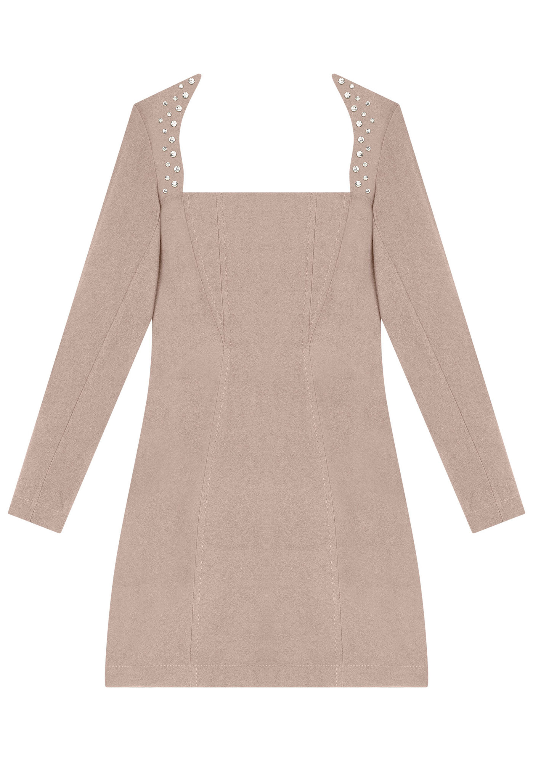 Vestido Curto Manga Longa com Strass, BEGE CAQUI. Vestido Curto Manga Longa com Strass, BEGE CAQUI, large.
