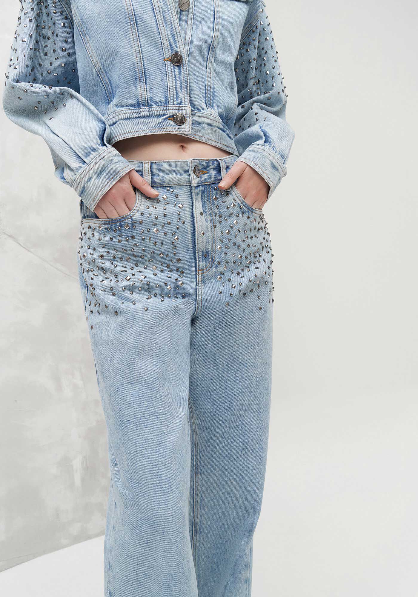 Cal&ccedil;a Jeans Wide Leg Cintura Alta com Bordado, JEANS, large.