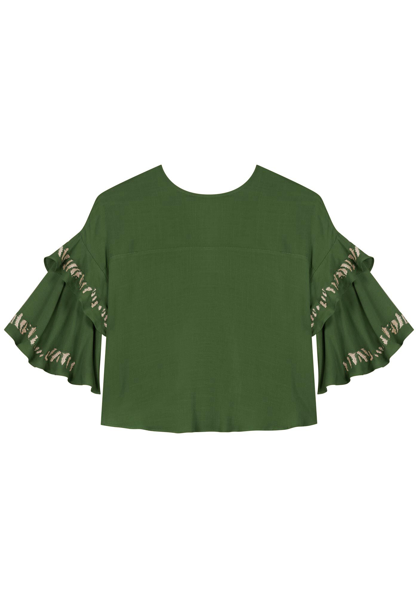Blusa De Mangas Curtas Bordadas Com Babados Em Viscose, VERDE FLORENA, large.