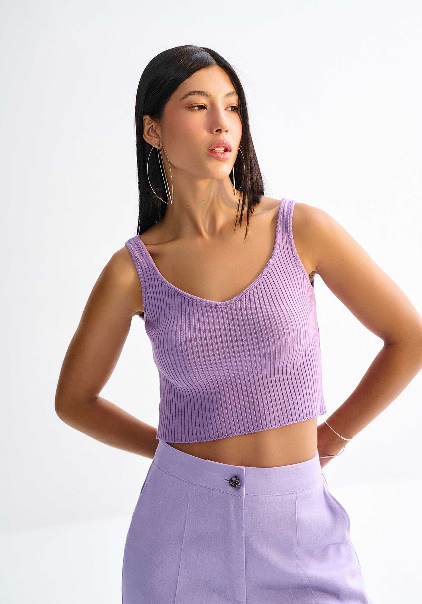 Blusa Cropped em Tric&ocirc; Canelado com Decote V, , large.