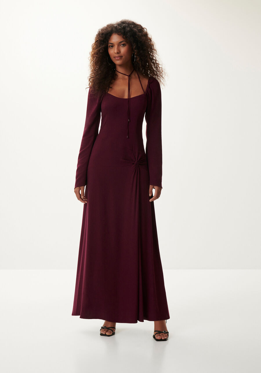 Vestido Longo Manga Longa em Crepe com Amarração, . Vestido Longo Manga Longa em Crepe com Amarração, , large.