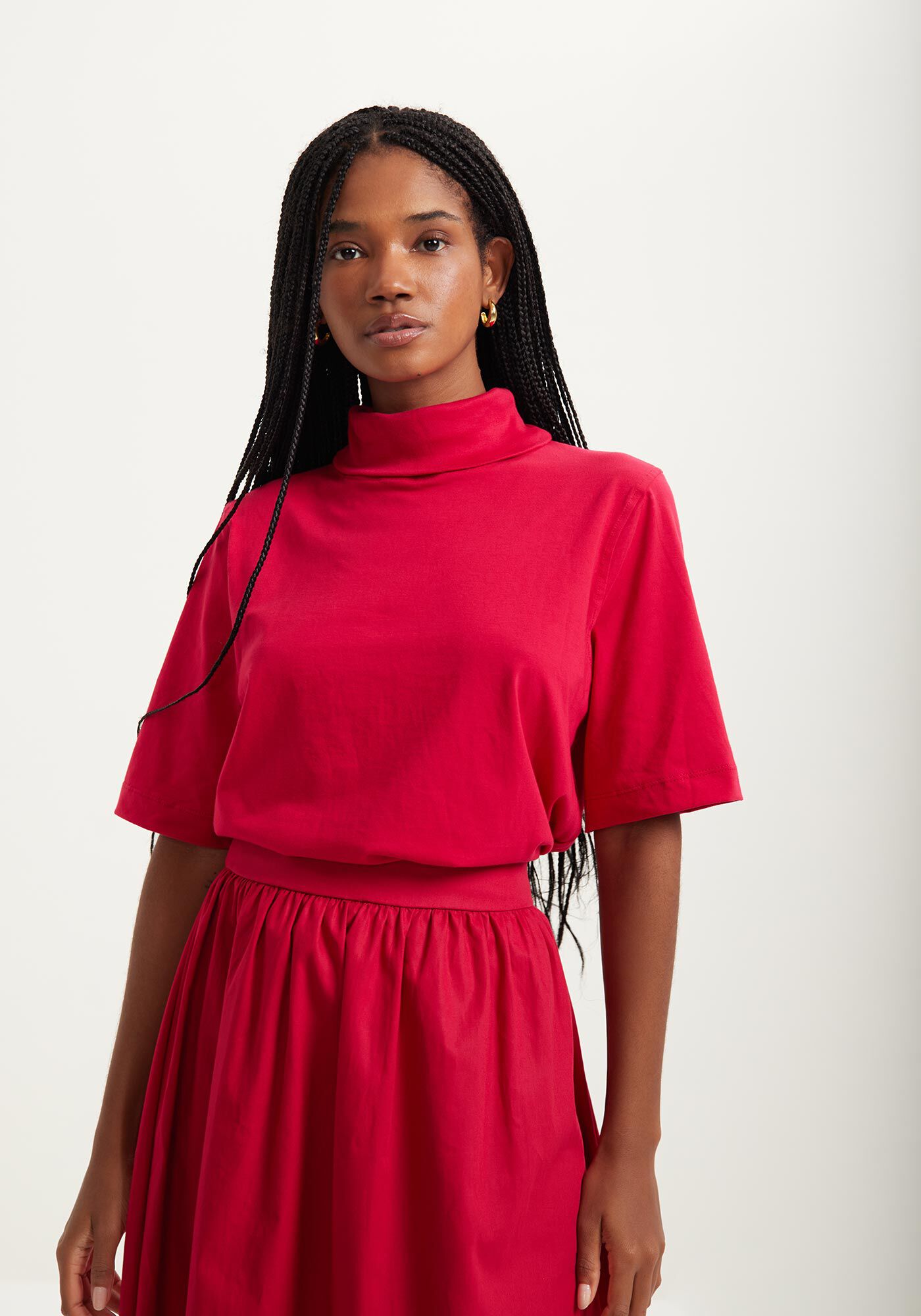 Blusa T-shirt Com Gola Alta Em Malha De Algod&atilde;o Penteado, , large.