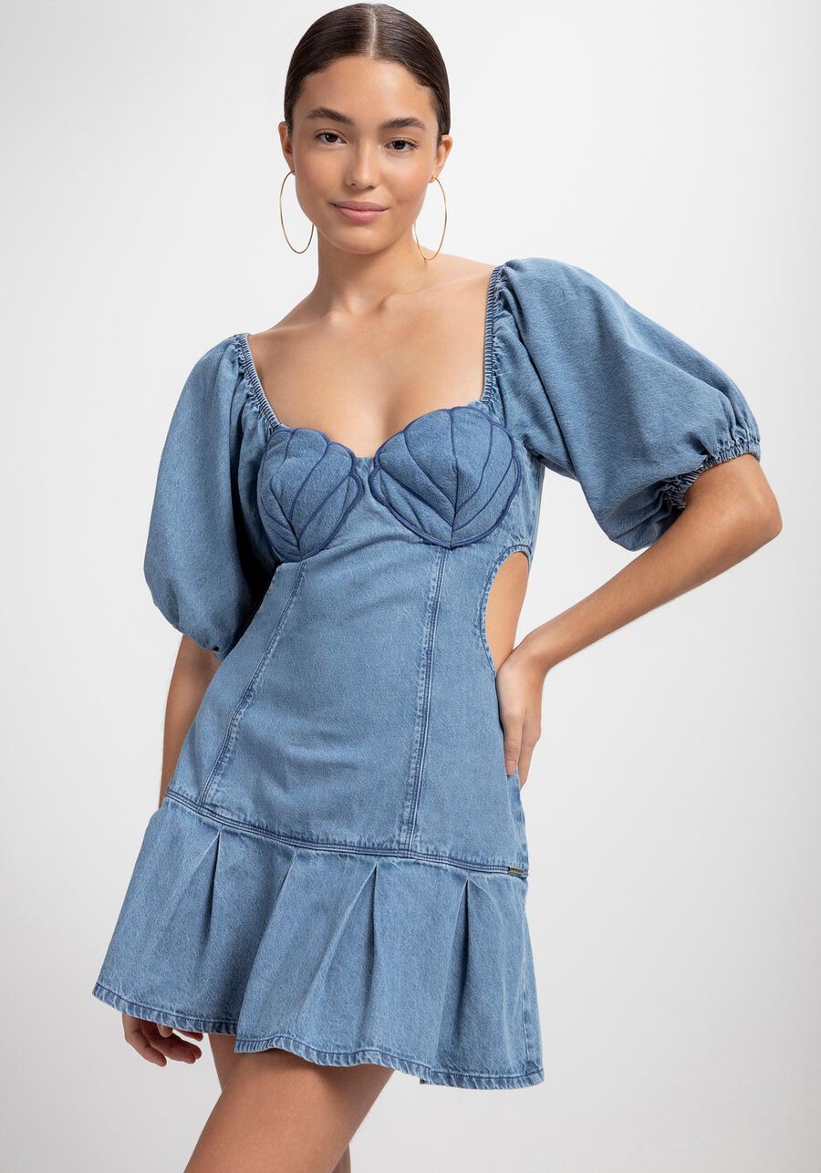 Vestido Jeans Curto  Manga Bufante e Bordado, JEANS. Vestido Jeans Curto  Manga Bufante e Bordado, JEANS, large.