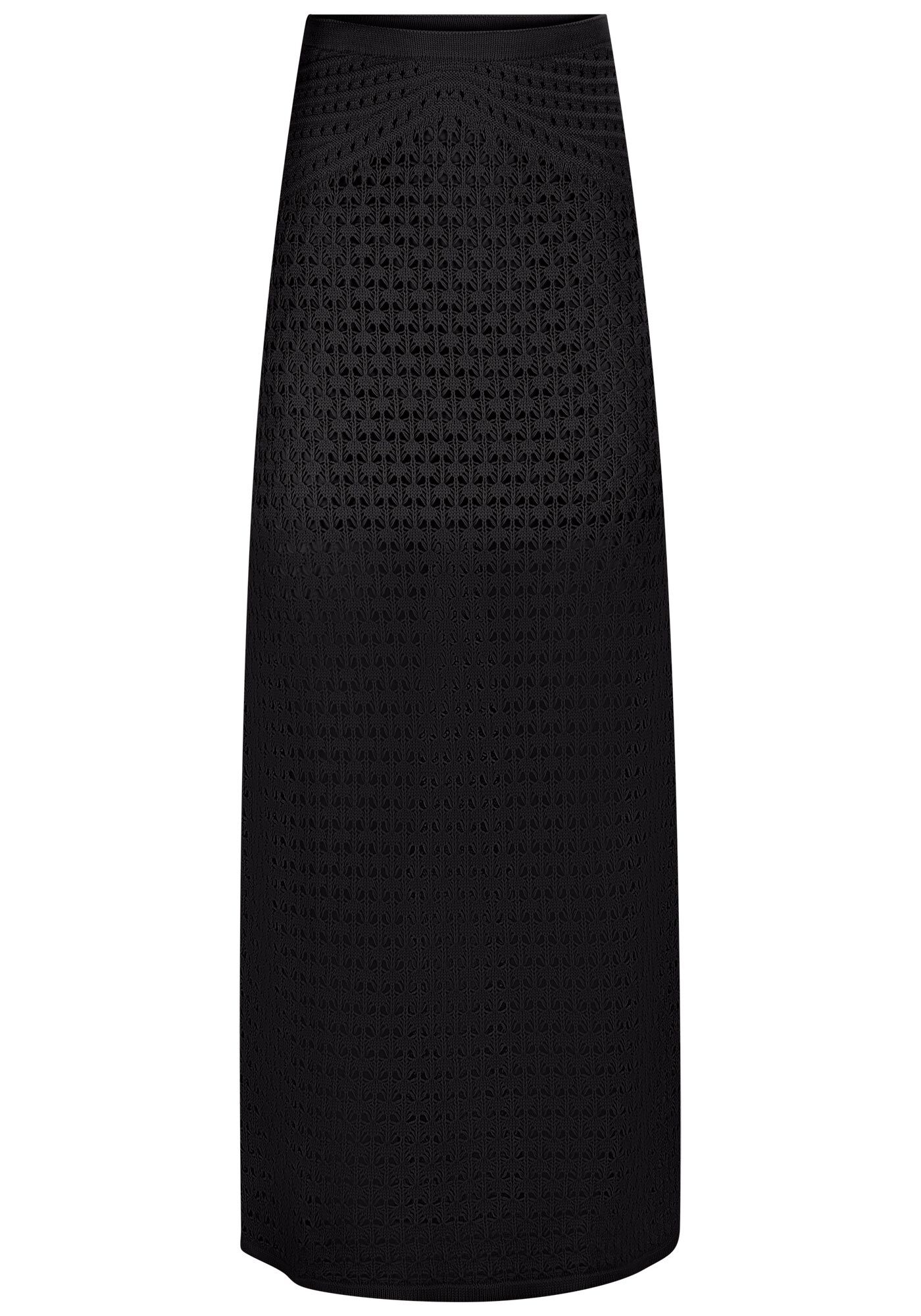 Saia Longa Cintura Alta em Tric&ocirc; Vazado com Forro Curto, PRETO REATIVO, large.