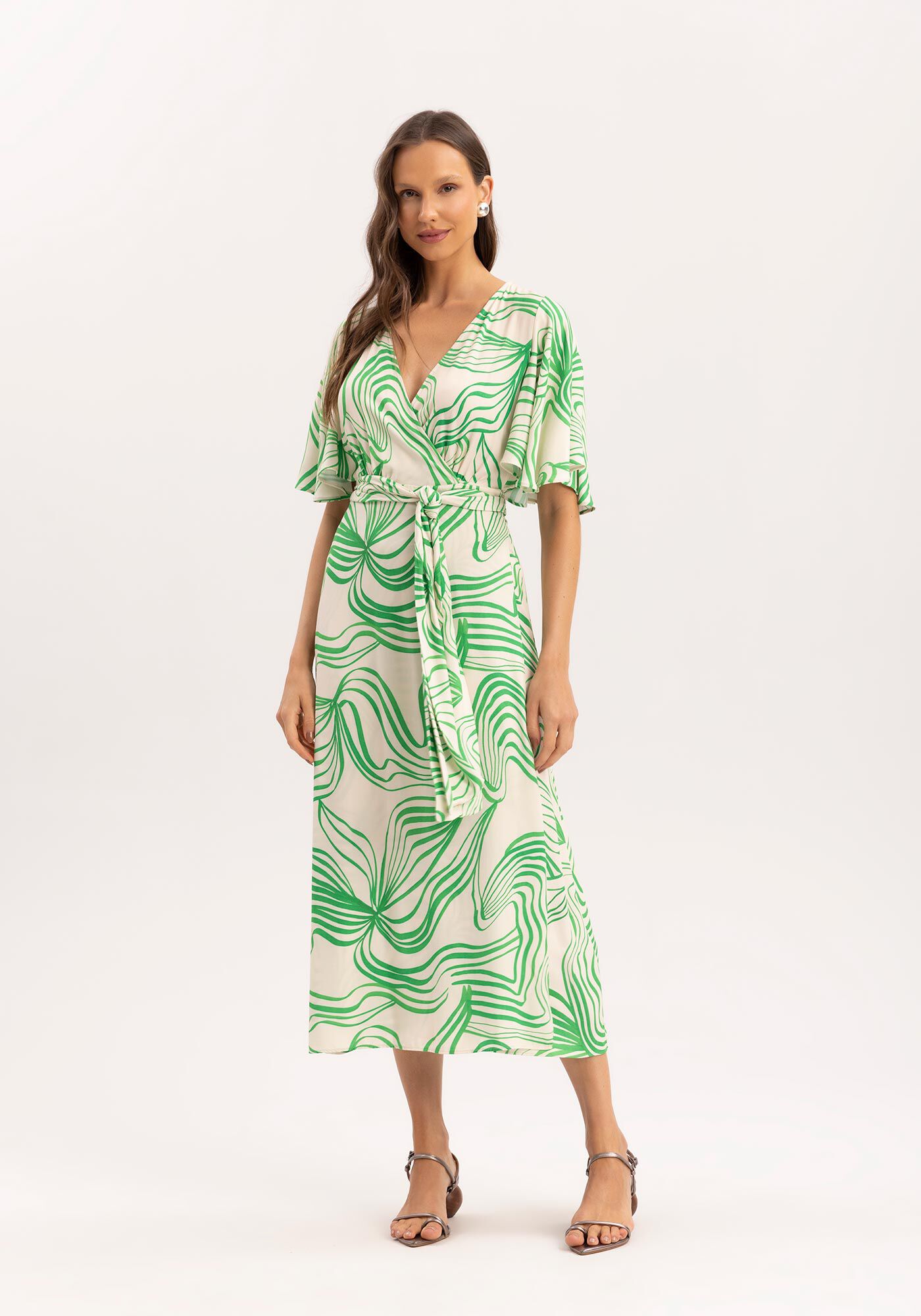 Vestido Midi Transpassado em Viscose Estampado, TRAILS VERDE, large.