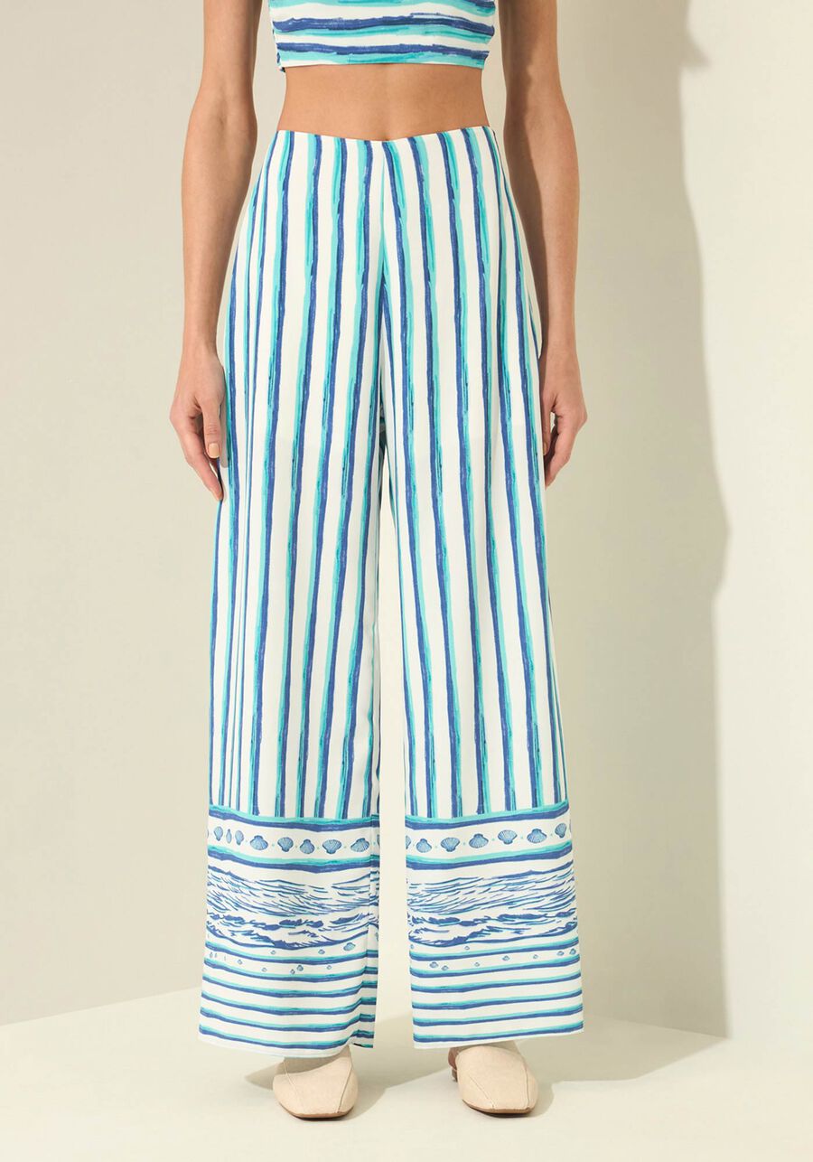 Calça Reta Estampada Com Cintura Alta, MARE BEGE. Calça Reta Estampada Com Cintura Alta, MARE BEGE, large.