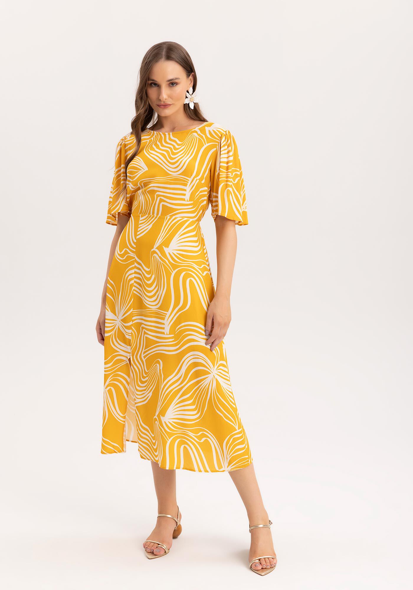 Vestido Midi Estampado com Fenda, , large.