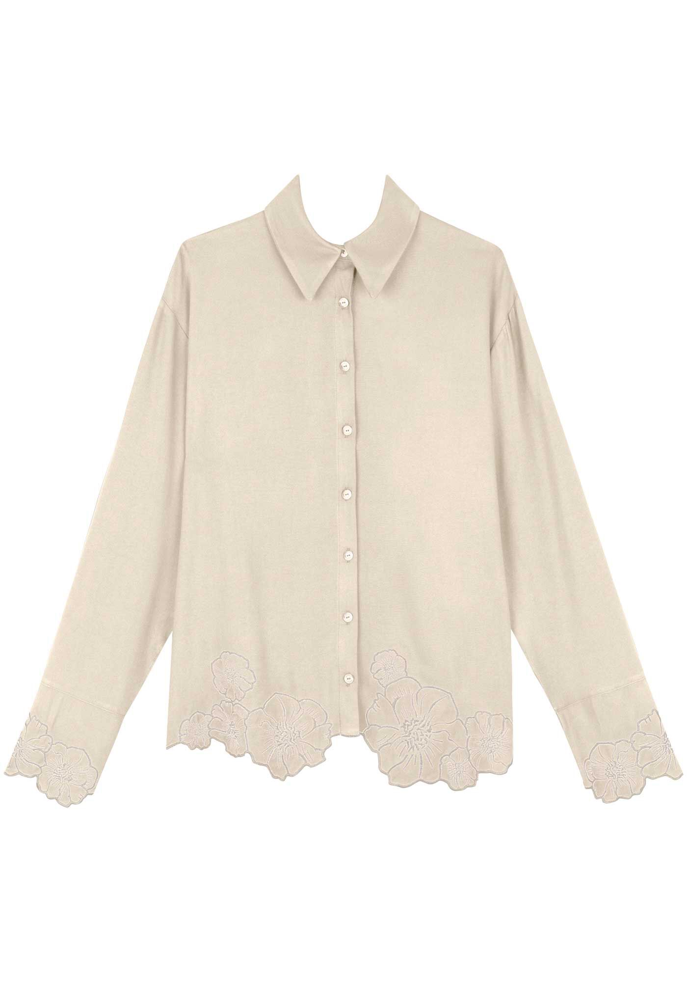 Camisa Alongada De Mangas Longas Com Bot&otilde;es E Bordados, , large.