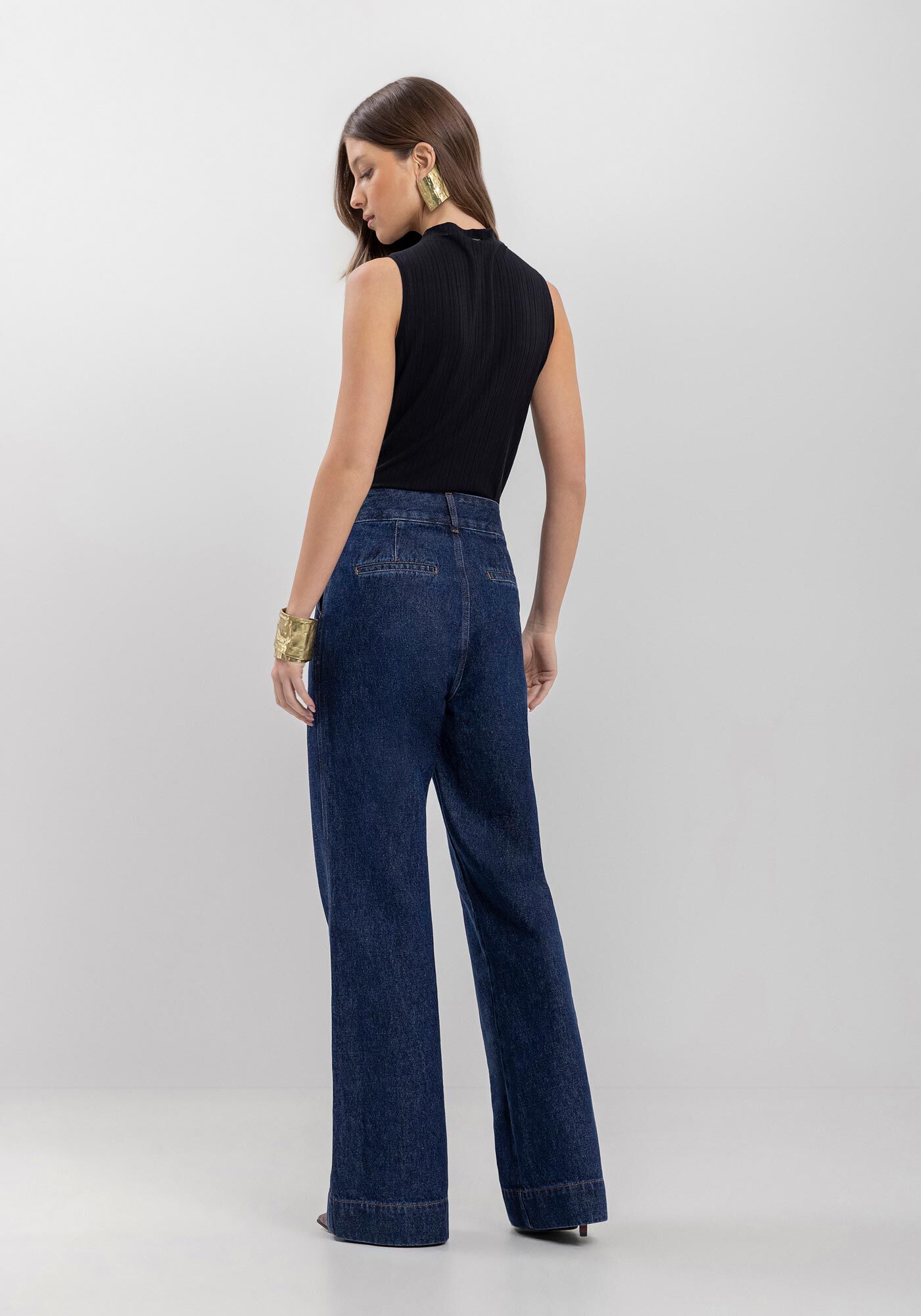 Cal&ccedil;a Jeans Wide Leg Com Cintura Alta E Nervura, , large.
