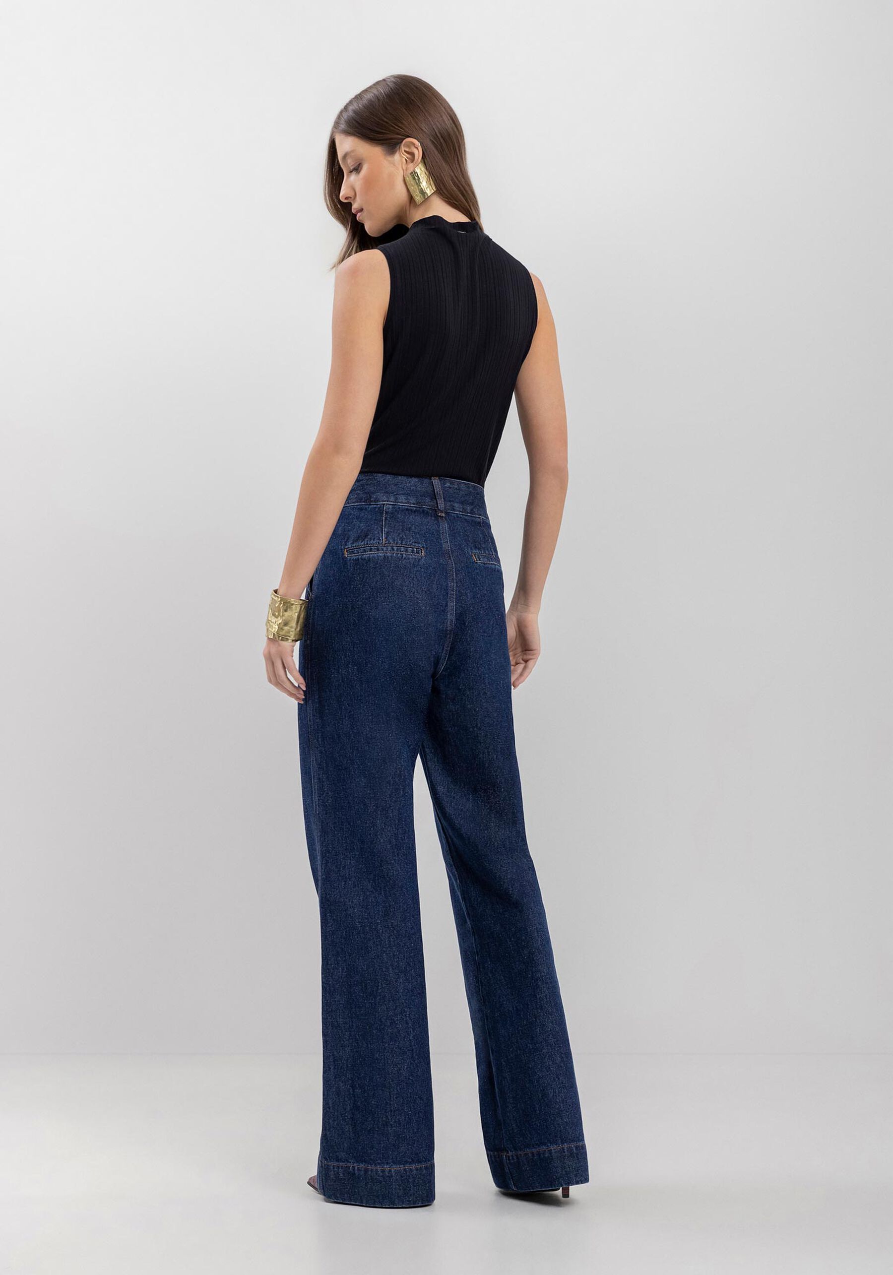 Calça Jeans Wide Leg Com Cintura Alta E Nervura, JEANS. Calça Jeans Wide Leg Com Cintura Alta E Nervura, JEANS, large.