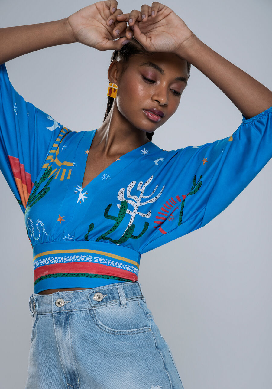 Blusa Cropped em malha com Mangas 3/4 Amplas, IMAGINARIO. Blusa Cropped em malha com Mangas 3/4 Amplas, IMAGINARIO, large.