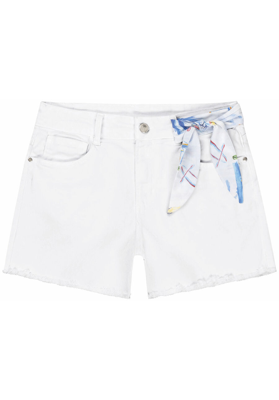 Shorts Sarja Boyfriend com Lenço Estampado, BRANCO, large.