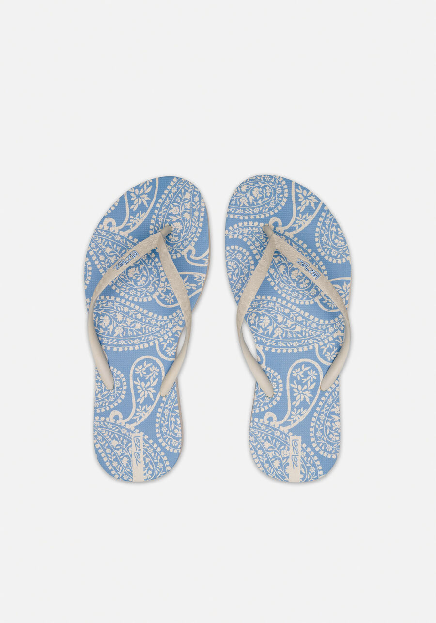 Chinelo Feminino Com Tiras Finas E Estampa, ORNAMENTOS AZUL. Chinelo Feminino Com Tiras Finas E Estampa, ORNAMENTOS AZUL, large.
