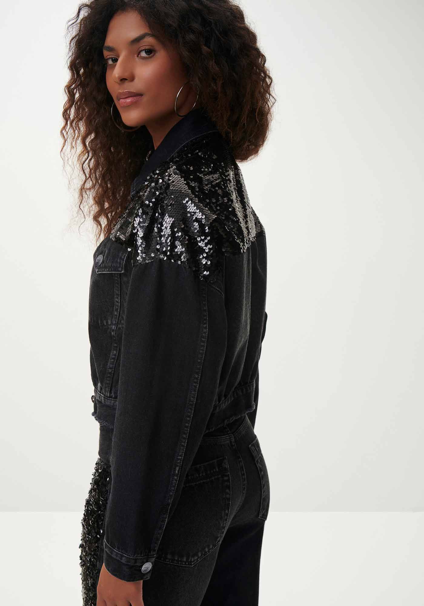 Jaqueta Jeans Preta com Paet&ecirc;s, , large.