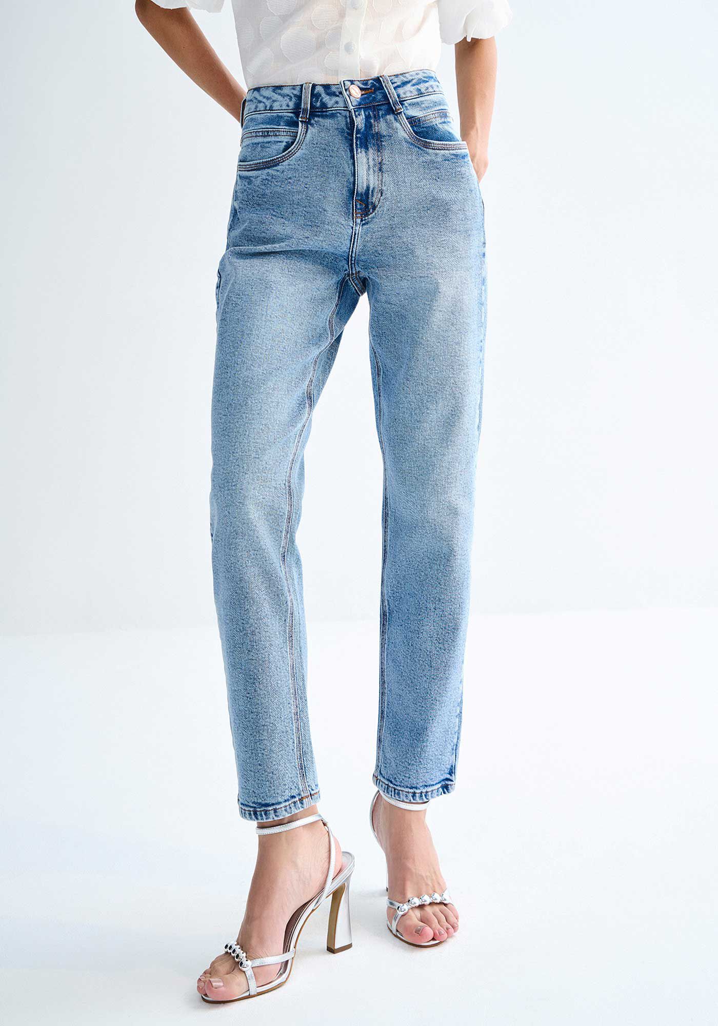 Cal&ccedil;a Jeans Mom Cintura Alta Estonada com Elasticidade, , large.