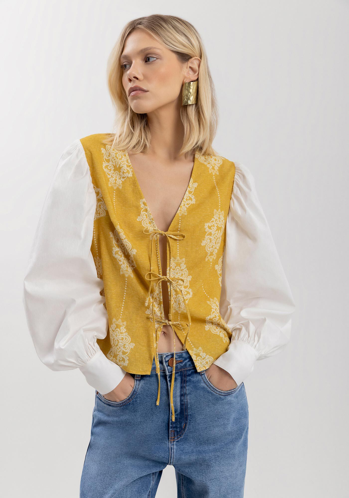 Camisa De Mangas Bufantes Com Amarra&ccedil;&otilde;es Frontais, , large.