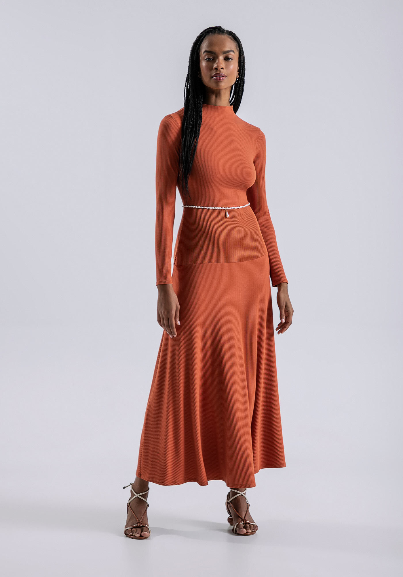Vestido Manga Longa Midi Canelado com Recorte Lez a Lez