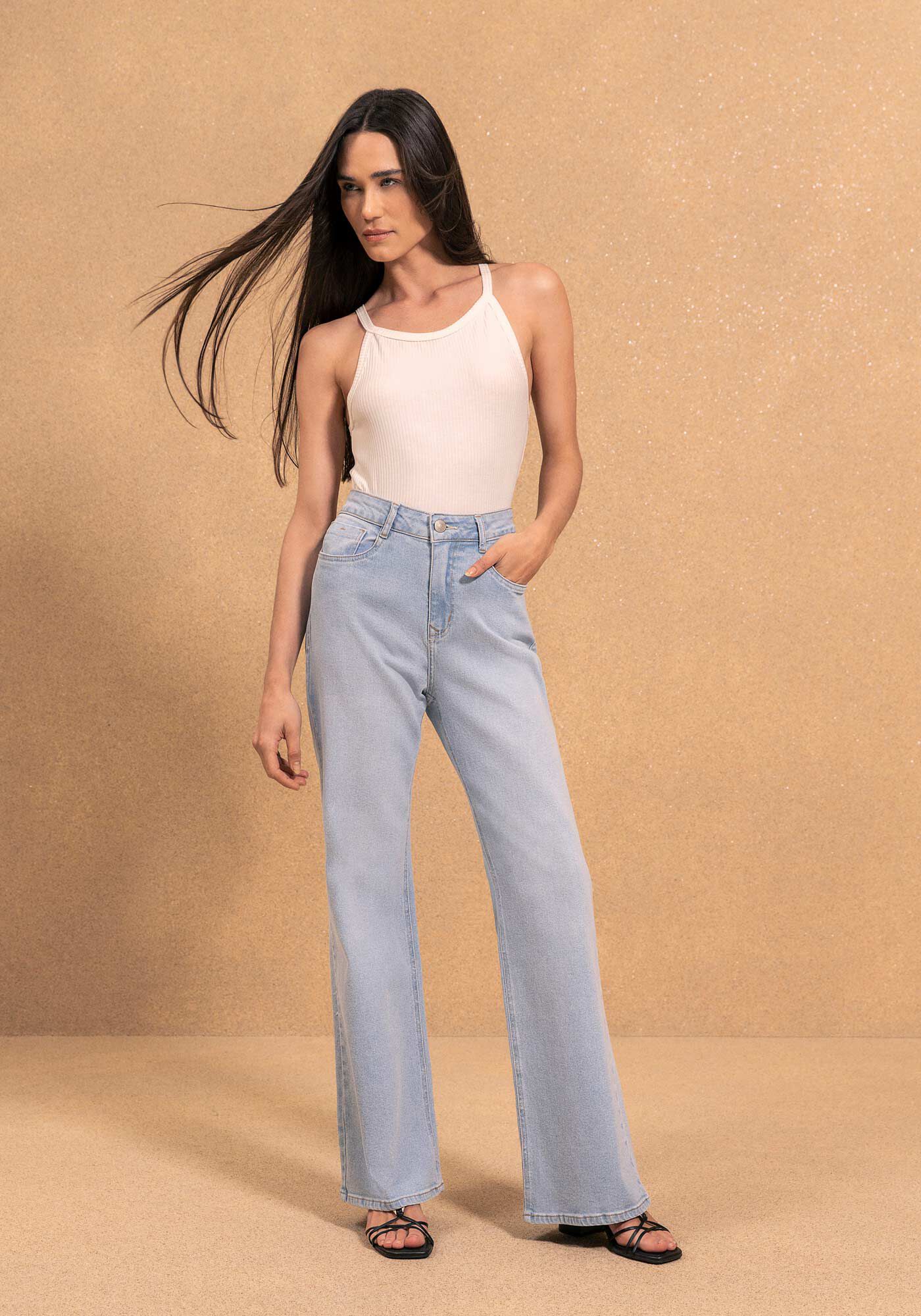 Cal&ccedil;a Jeans Wide Leg Comfort Com Elastano E Cintura Alta, JEANS CLARO, large.