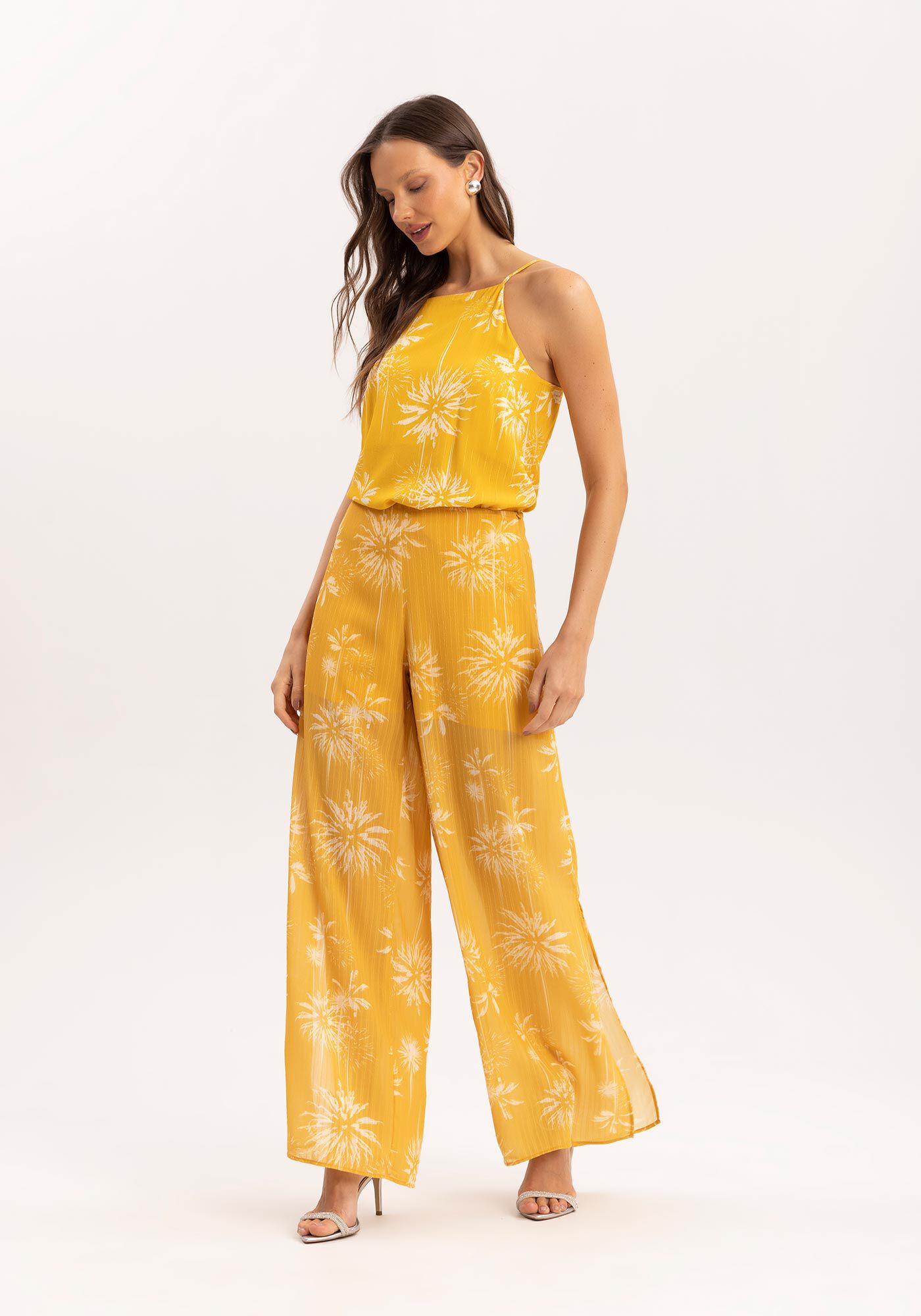 Cal&ccedil;a Pantalona Estampada com Fenda, DATE PALMS AMARELO, large.