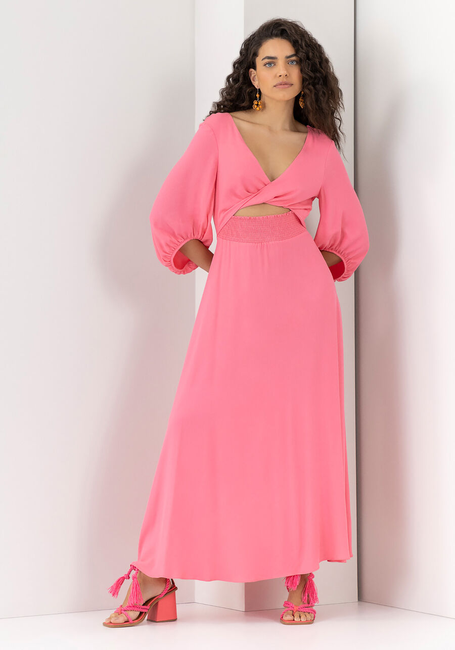 Vestido Midi Manga 3/4 em Viscose com Torção Busto, . Vestido Midi Manga 3/4 em Viscose com Torção Busto, , large.