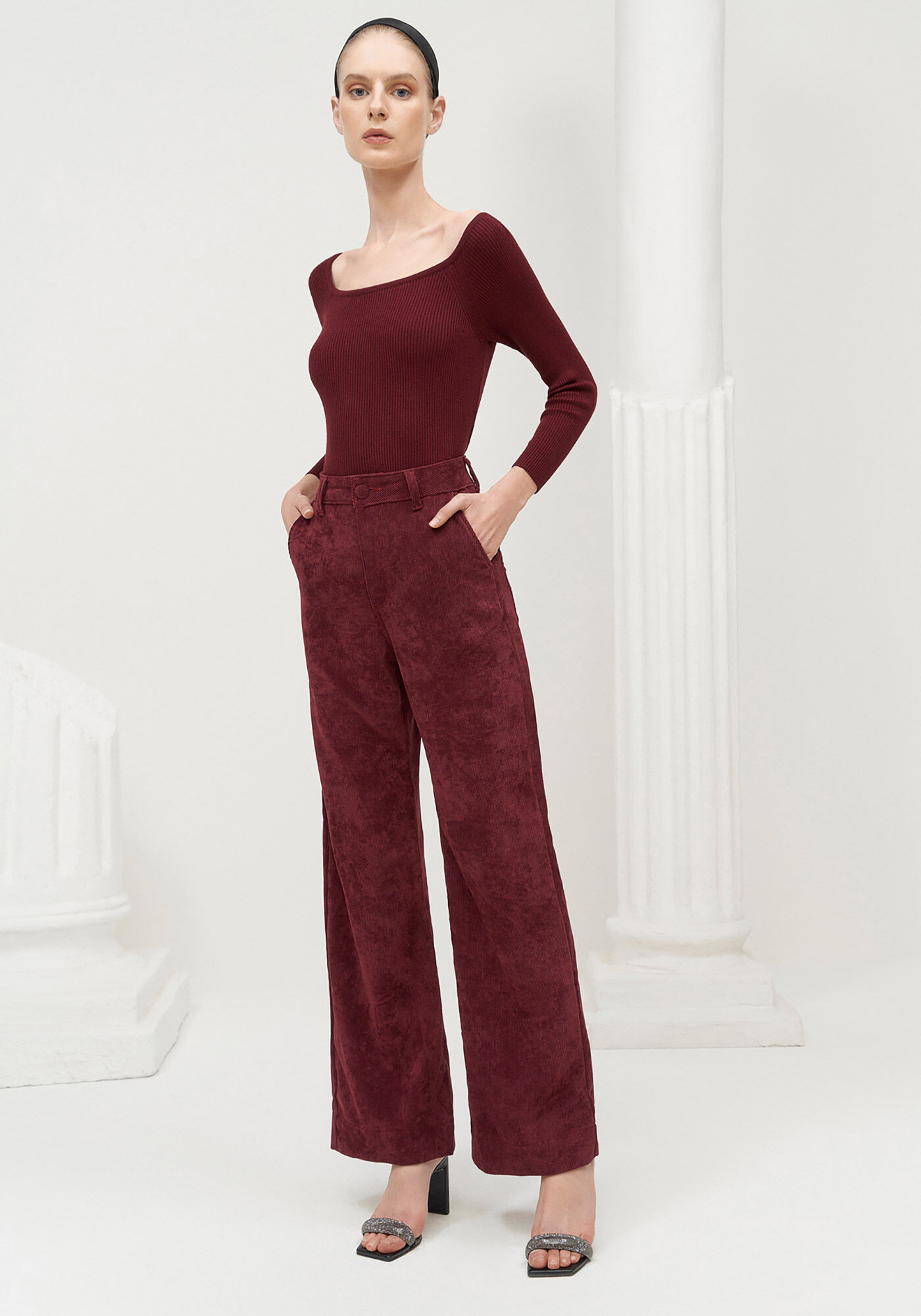 Cal&ccedil;a Wide Leg em Veludo com Cintura Alta, BORDO KIR ROYALLE, large.