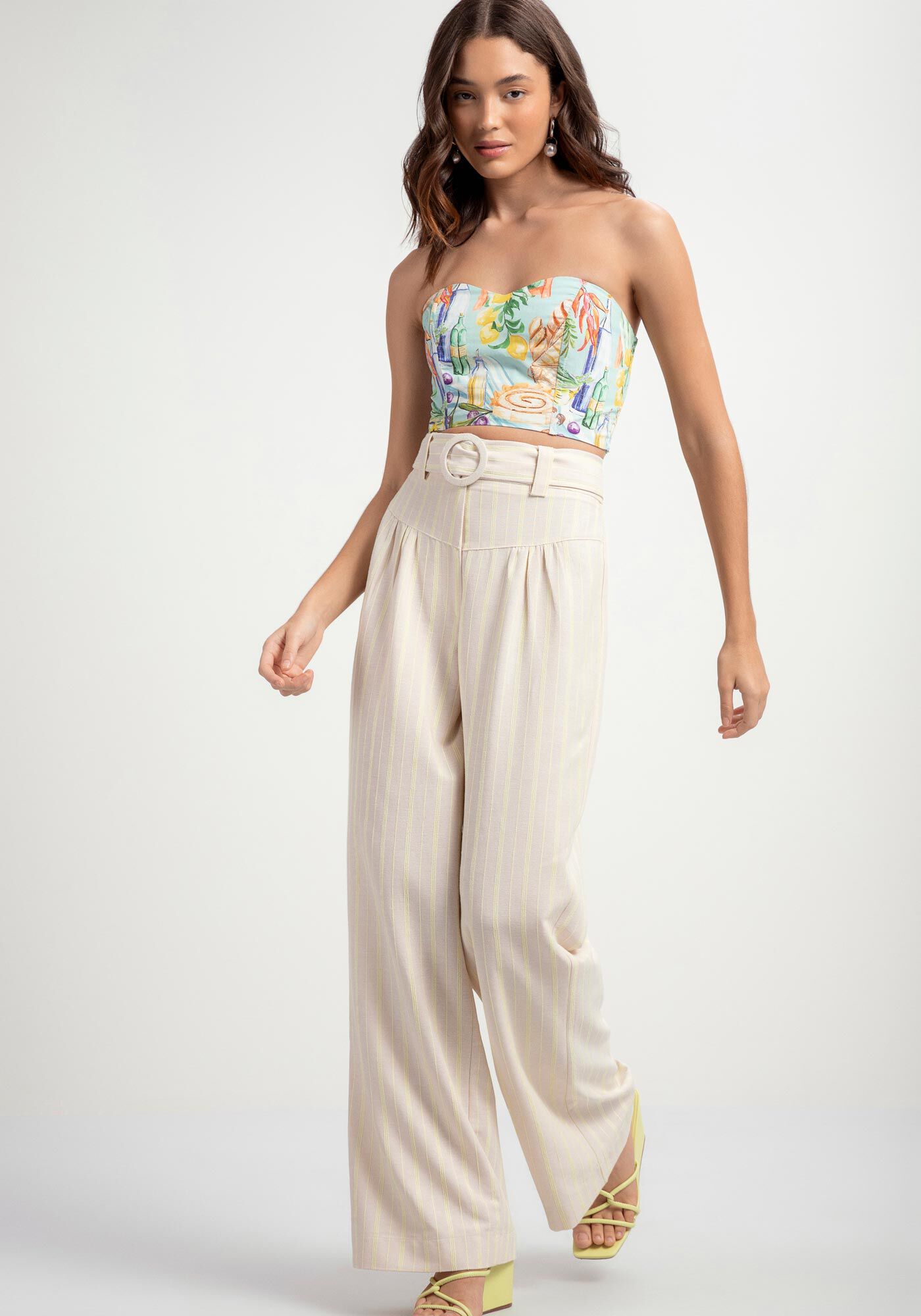 Cal&ccedil;a Reta Listrada com Pregas e Cinto, BRANCO OFF WHITE, large.