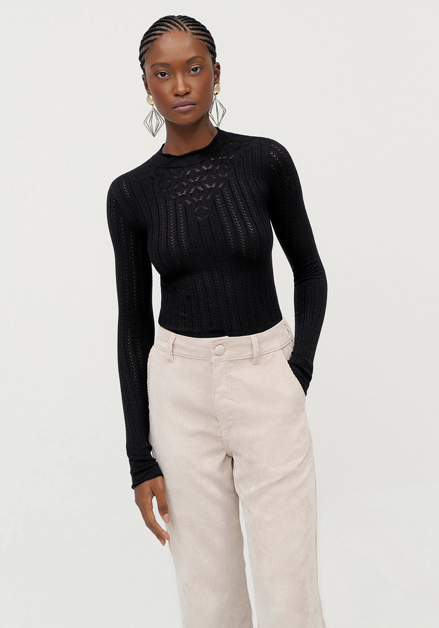 Blusa Manga Longa em Tric&ocirc; com Detalhe Trama, , large.