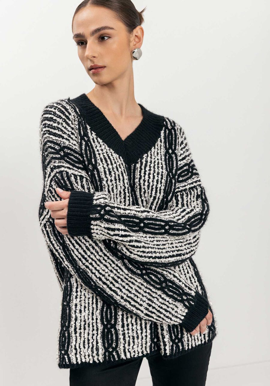 Blusão Em Tricô De Mangas Longas Com Decote Em V, . Blusão Em Tricô De Mangas Longas Com Decote Em V, , large.