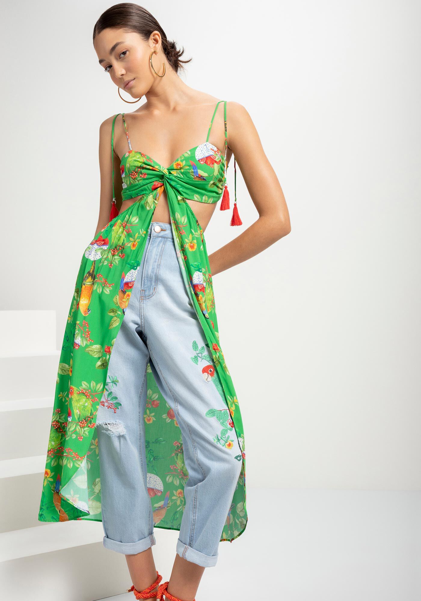 Blusa Alongada com Abertura Estampada, , large.