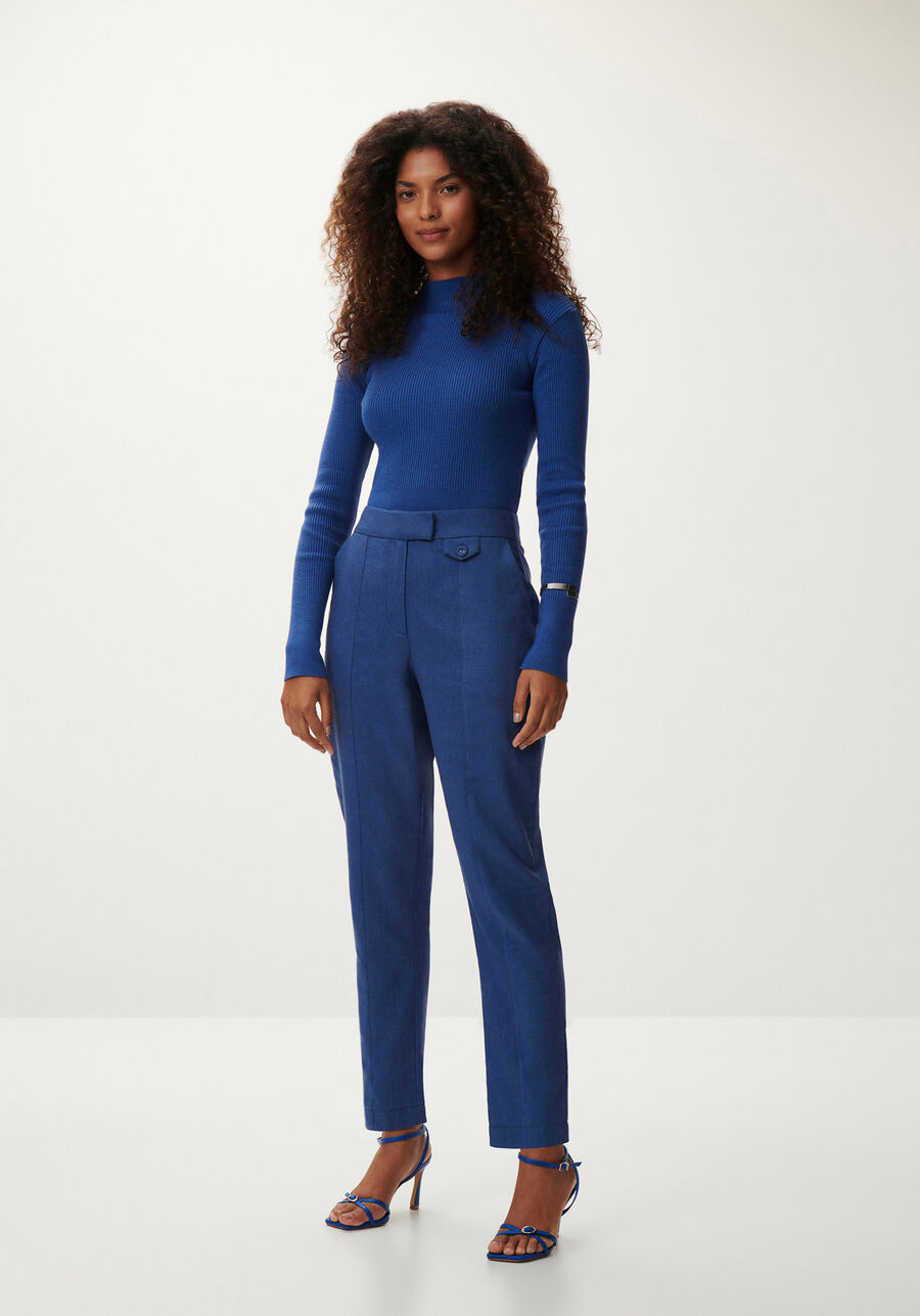 Blusa Manga Longa Cropped em Tricô com Gola Alta, AZUL TINKER. Blusa Manga Longa Cropped em Tricô com Gola Alta, AZUL TINKER, large.