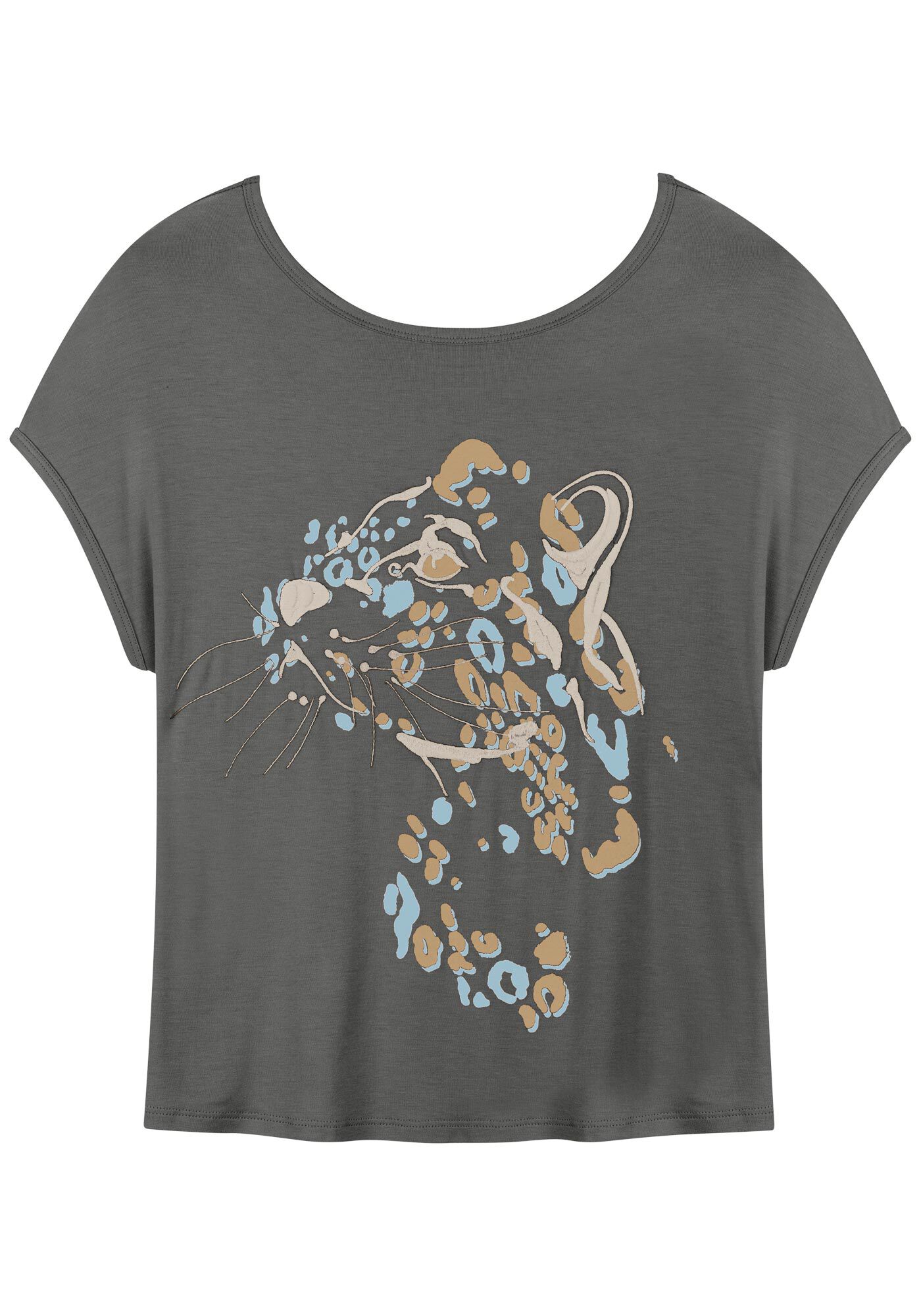 Blusa Com Bordado E Mangas Curtas Em Malha De Viscose, CINZA METAL, large.