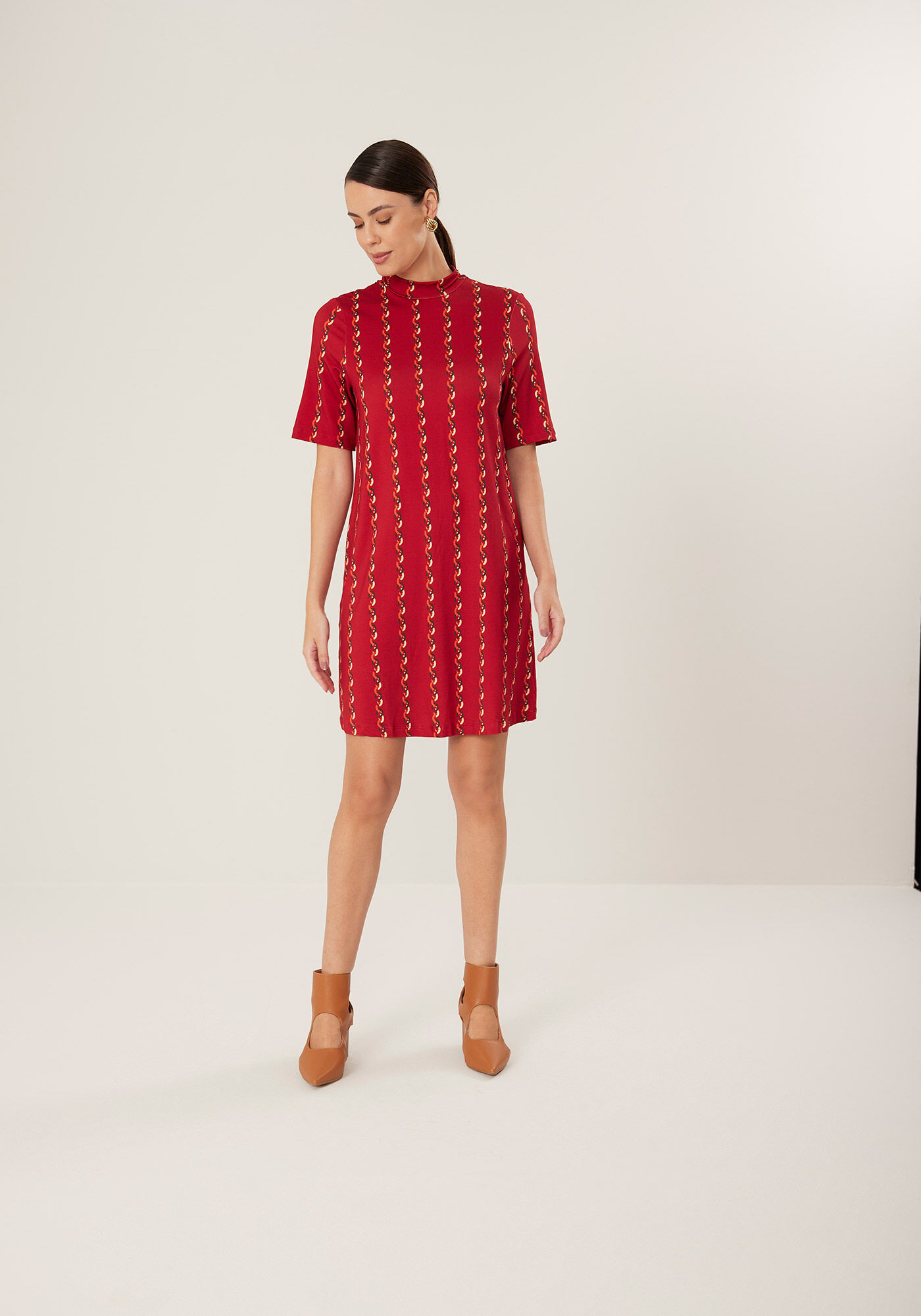 Vestido Curto Estampado Com Gola Alta Em Moletom De Viscose, , large.