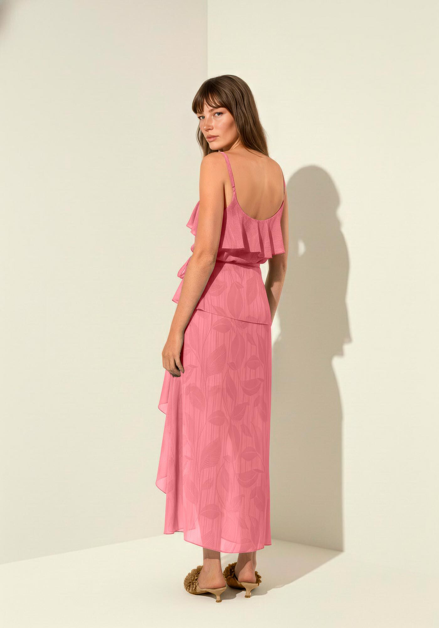 Blusa De Al&ccedil;as Finas Estampada Com Babado Lateral, GREEN LEAF ROSA, large.