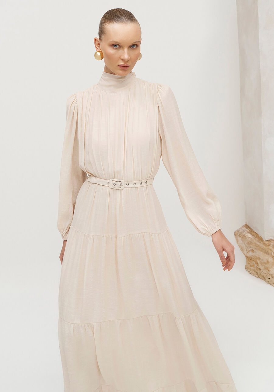 Vestido Longo Gola Alta em Shantung com Cinto, . Vestido Longo Gola Alta em Shantung com Cinto, , large.